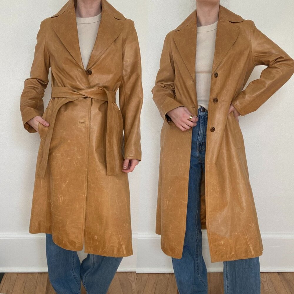 Vintage Andrew Marc Cognac Tan Real Leather Long Trench Coat Satin Lined Small